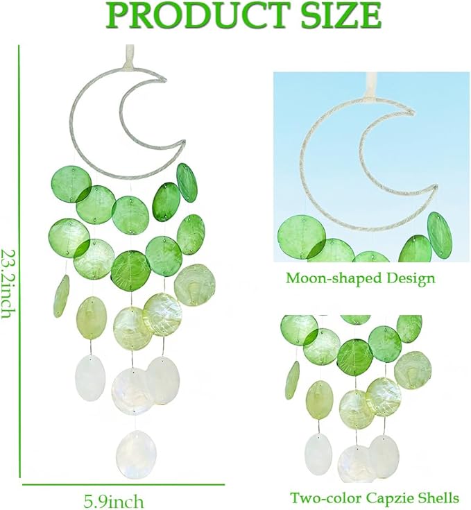 Chic Capiz Shell Wind Chime, Handmade Beach Wind Chimes for Outside, House Decoration for Courtyard, Window, Porch, Unique Gifts for Women (Green)