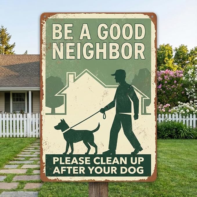 Polite Dog Poop Tin Sign - "Be A Good Neighbor Please Clean Up After Your Dog" Vintage Metal Yard Sign - 8x12 Aluminum Plaque for Lawn, Garden, HOA - Metal Sign Aesthetic Reminder