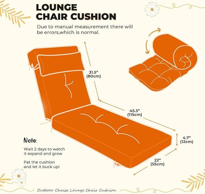 Waterproof Lounge Chair Cushion Outdoor for Chairs, Fade Resistant Chaise Lounger Replacement Cushions with 6 Ties, Thickened Memory Foam Pool Lounge Chair Cushions, 76 x 22 x 4.7 Inches,Orange