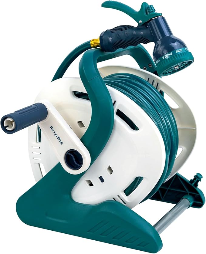 Berry&Bird Garden Portable Hose Reel, 1/2 inch x 65+6FT Wall/Floor Mounted Water Hose Holder, Garden Hose Reel Outdoor Water Pipe with 9 Pattern Hose Nozzle for Outside Gardening Car Cleaning Watering