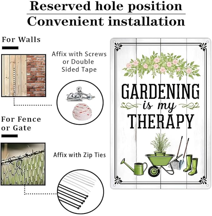 Funnysign Vintage Gardening Tin Sign – “Gardening Is My Therapy” – Floral Farmhouse Wall Art, Rustic Garden Metal Decor, Perfect for Patio, Porch, Greenhouse, or Indoor Home Display, 8×12 Inch (9820)