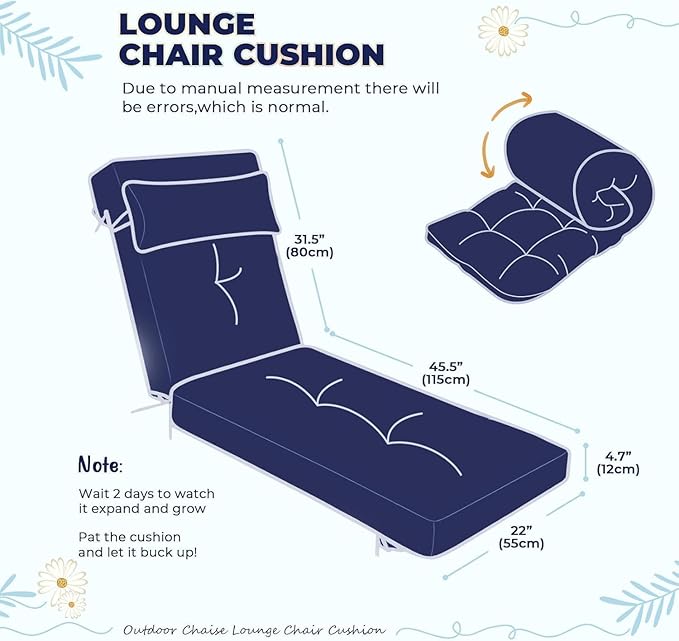 Waterproof Lounge Chair Cushion Outdoor for Chairs, Fade Resistant Chaise Lounger Replacement Cushions with 6 Ties, Thickened Memory Foam Pool Lounge Chair Cushions, 76 x 22 x 4.7 Inches, Blue