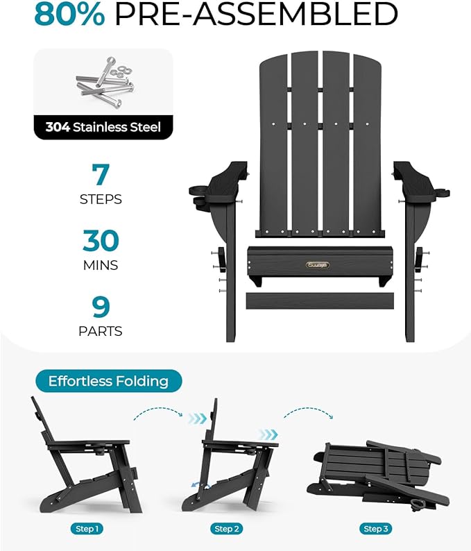 Folding Adirondack Chair 2 Pack, HDPE All-Weather Fire Pit Chairs, Plastic Adirondack Chairs with 2 Cup Holder, Outdoor Lawn Chair for Patio Garden (Black)