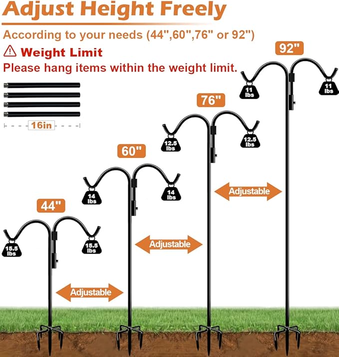 92 Inch Double Shepherds Hook for Outdoor with 5 Prong Base, Adjustable Heavy Duty Bird Feeder Pole for Hanging Flower Basket, Plant Hanger, Solar Light Lanterns, Black