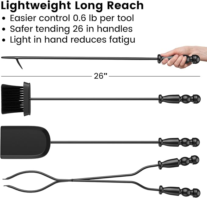 GameXcel 5PC Fireplace Tools Set - Fireplace Accessories Tool Set with Stand - 32" Wrought Iron Heavy Duty - Indoor Outdoor Fire Pit Wood Stove Hearth - Poker Tongs Shovel Brush - Black