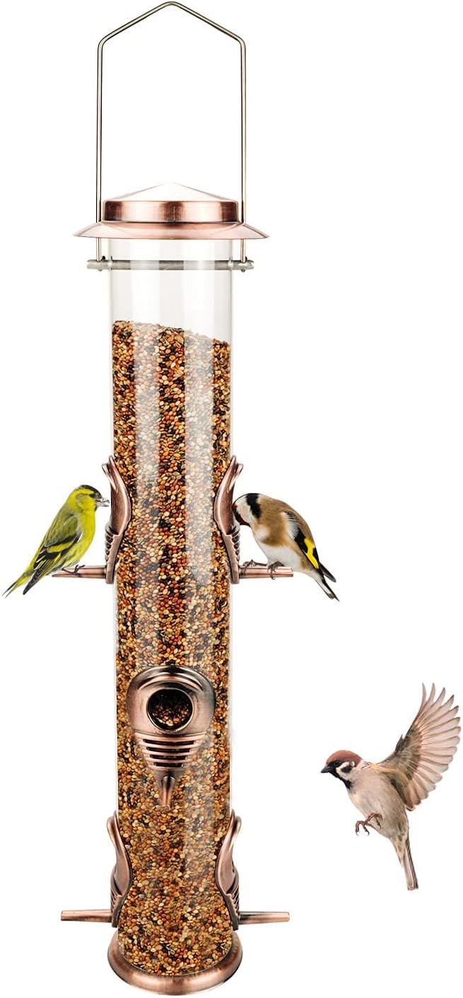 MIXXIDEA Metal Wild Bird Feeder, Squirrel Proof, Hanging 6 Port Tube Finch Feeder for Attracting Birds in Lawn, Garden, Balcony - Antique Copper