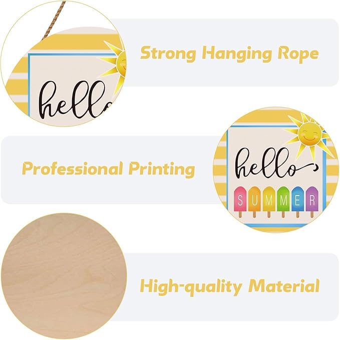 5ARTH Hello Summer Wooden Front Door Hanger Sign Hanging Sun Wall Decorations Porch Decor Home Garden Farmhouse Indoor Outdoor Wall Hanging Decoration