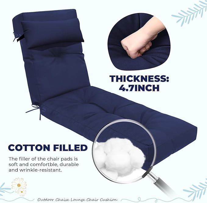 Waterproof Lounge Chair Cushion Outdoor for Chairs, Fade Resistant Chaise Lounger Replacement Cushions with 6 Ties, Thickened Memory Foam Pool Lounge Chair Cushions, 76 x 22 x 4.7 Inches, Blue