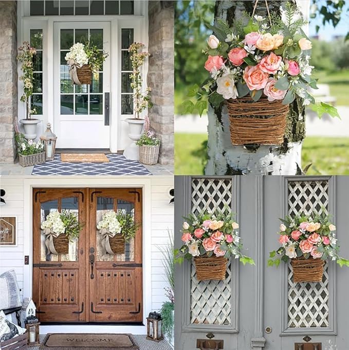Cream Hydrangea Door Hanger Basket Wreath, 2024 Wildflowers Door Hanging Basket Wreath, Front Door Beautiful Artificial Spring and Summer Wreath Welcome Sign, Home Porch Farmhouse Decor