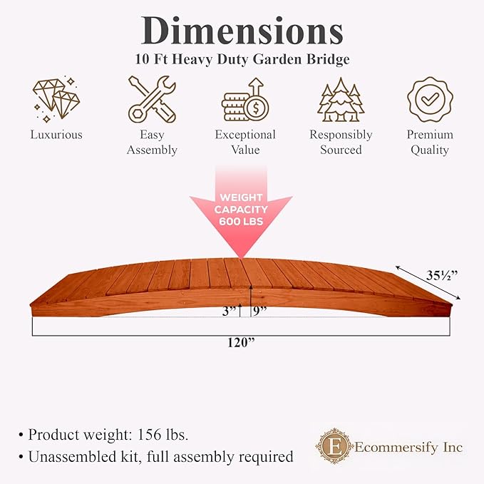 10 FT CEDAR Amish Made Pinewood Heavy Duty Garden Bridge for Walkway, Backyard Pond & Landscaping, Outdoor Wooden Footbridge for Koi Pond, Japanese Style Decorative Bridge, Made in USA