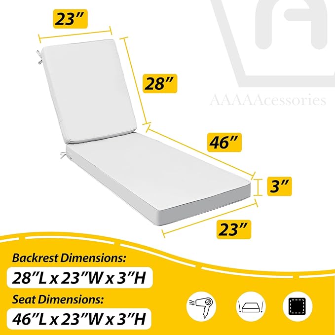 AAAAAcessories Outdoor Chaise Lounge Cushions, Fade-Resistant, Waterproof Patio Furniture Replacement Cushions, 74" x 23" x 3", Set of 2, Creamy White