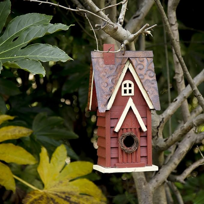 Glitzhome Blue Bird House, 12" H Solid Wood Bird House for Outside, Distressed Cottage Garden Decorative Birdhouse Hanging Bird House for Outdoors,Red