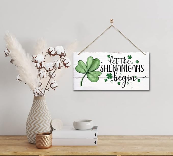 Hanging St. Patrick's Day Wooden Decor - 'Let the Shenanigans Begin' Wall Art, Home & Door Sign, Shamrock Theme