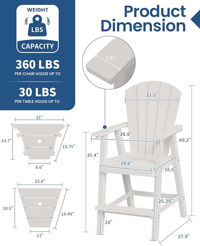 Ciokea Tall Adirondack Chairs Set of 4, HDPE Outdoor Adirondack Bar Stools with Double Connecting Tray, Weather Resistant High Back Adirondack Balcony Chairs for Deck, Lawn, Pool, Backyard, White