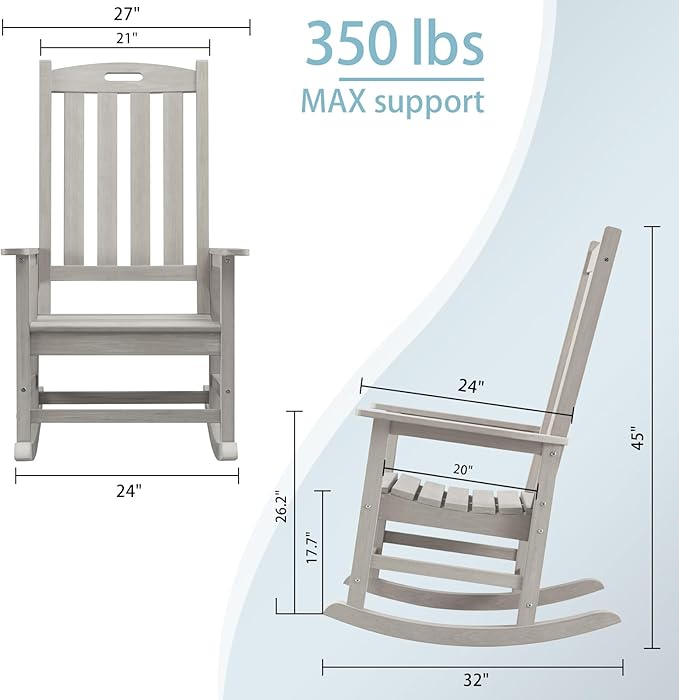 Psilvam Oversized Outdoor Rocking Chair, with 21" Wide Seat and 32" Tall Backrest, Pre-Assembled with Most Components for Effortless Installation (Gray)