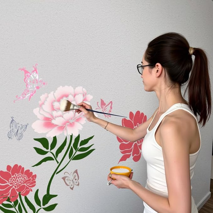 Large Fence Flower Stencils for Painting on Garden Wall Wood Floor Canvas Paper Furniture Reusable Floral Painting Stencil with Butterfly Decor