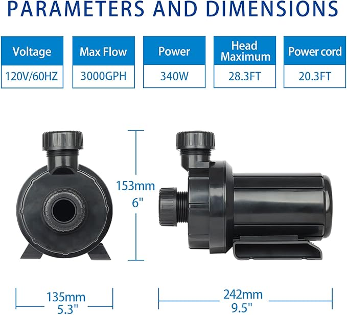 OYO WATER 3000GPH Pond Pumps Submersible Outdoor Inline Pump Pond High Head Water Pump for Garden Waterfall Fountain Water Circulation Pump for Koi Fish Pond