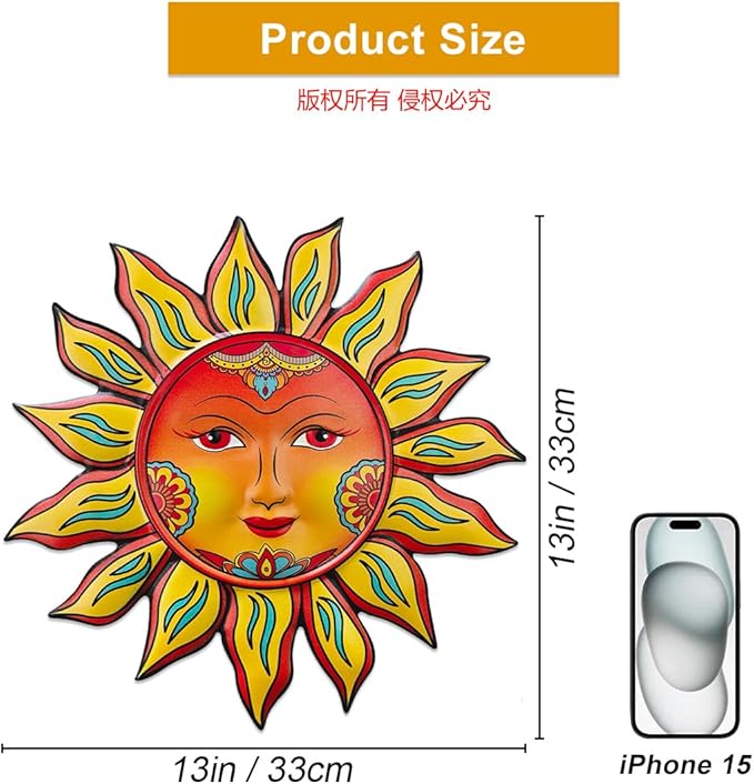Metal Sun Flower Wall Decor - 13 inches Sun Wall Art Hanging Decorations for Outdoor, Home Garden Yard Patio Fence Bedroom Decor, Gifts for Mom Friends