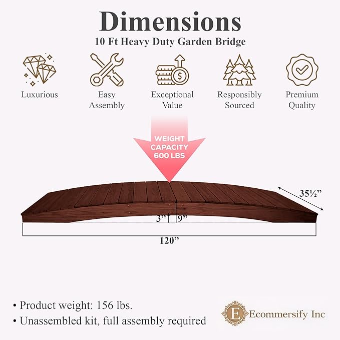10 FT MAHOGANY Amish Made Pinewood Heavy Duty Garden Bridge for Walkway, Backyard Pond & Landscaping, Outdoor Wooden Footbridge for Koi Pond, Japanese Style Decorative Bridge, Made in USA