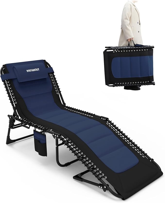 Outdoor Folding Lounge Chair Padded for Adults 264Ibs Patio Chaise Lounge Chair for Outside Adjustable 5-Position Reclining Beach Chair with Pillow Pocket