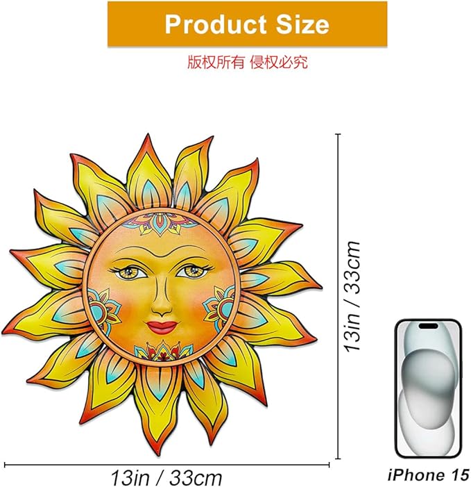 Metal Sun Flower Wall Decor - 13 inches Sun Wall Art Hanging Decorations for Outdoor, Home Garden Yard Patio Fence Bedroom Decor, Gifts for Mom Friends