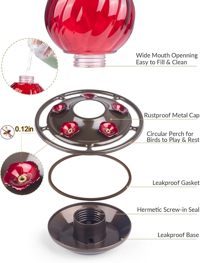 Hummingbird Feeder, Auslar 26 Ounces Glass Hummingbird Feeders for Outdoors Hanging Ant and Bee Proof, Ant Moat & 5 Flower Feeding Ports, Rustproof, Leakproof, Netted Flower Bud Shape Bottle, Red
