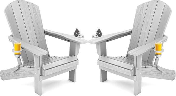 SERWALL Adirondack Chair with Cup Holders - Composite Adirondack Chairs Set of 2 HDPE Outdoor Chairs All Weather Use- Silver Gray
