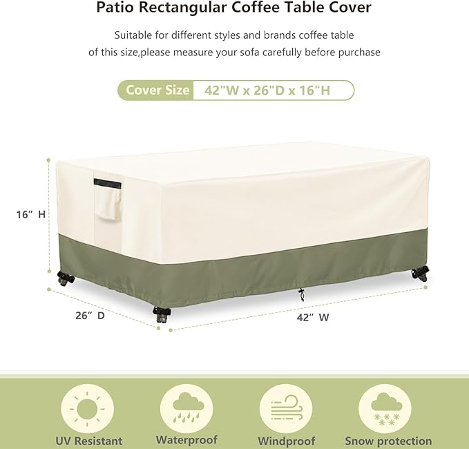 Outdoor Coffee Table Cover 42 W x 26 D x 16 H Inches,600D Heavy Duty Waterproof Outdoor Table Cover,Patio Rectangle Table Covers ,Beige