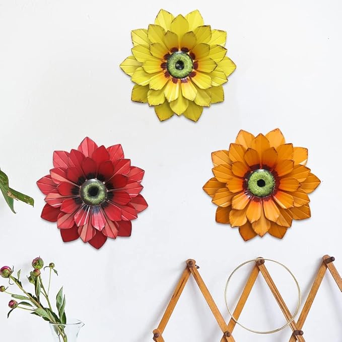 hogardeck Metal Flower Wall Decor - 3 Pcs Outdoor Wall Art Backyard Decorations Spring Decor Hanging for Kitchen, Living Room, Bathroom