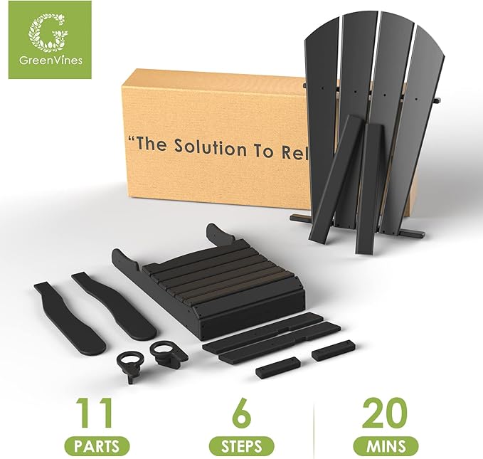GREENVINES Adirondack-Chairs-with-Ottoman | Set of 6 | Folding | Retractable-Footrest | HDPE Plastic | All Weather Fire Pit Chair | Cup Holders | Black | for Outdoor Poolside