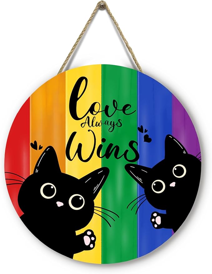 Gay Pride Love Always Wins Front Door Sign Rainbow LGBTQ Black Cat Lesbian Pansexual Wooden Door Hanger Outdoor Indoor Porch Signs Decor Pride Month Indoor Wall Hanging Decoration