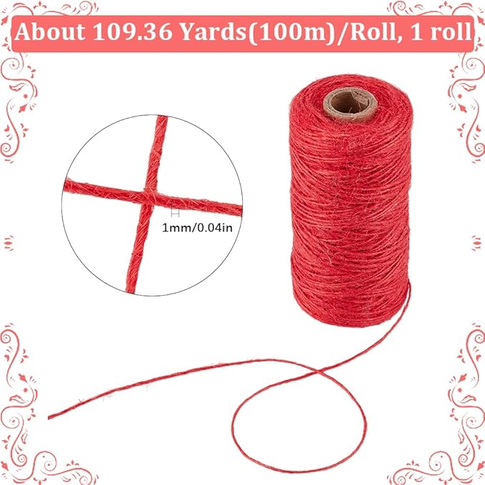 100M/328 Feet 1mm Red Macrame Cord Thin Hemp String Twine Natural Jute Hanging Handmade Garden Wrapping Packing Craft Thread Rope for Gardening Home Gift Packing Wrapping Crafts Decoration