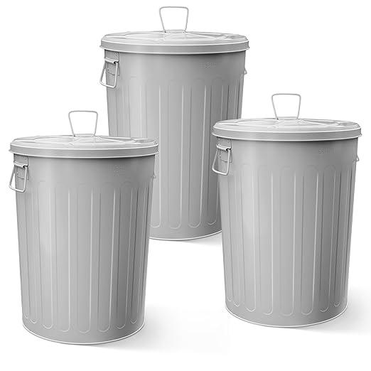 Plexon Large Metal Trash Can with Lid 20 Gallon, Decorative Outdoor Trash Can Heavy Duty Galvanized Metal Bucket with Lid for Garage Workshop Ash Storage Farmhouse, Gray 3 Pack
