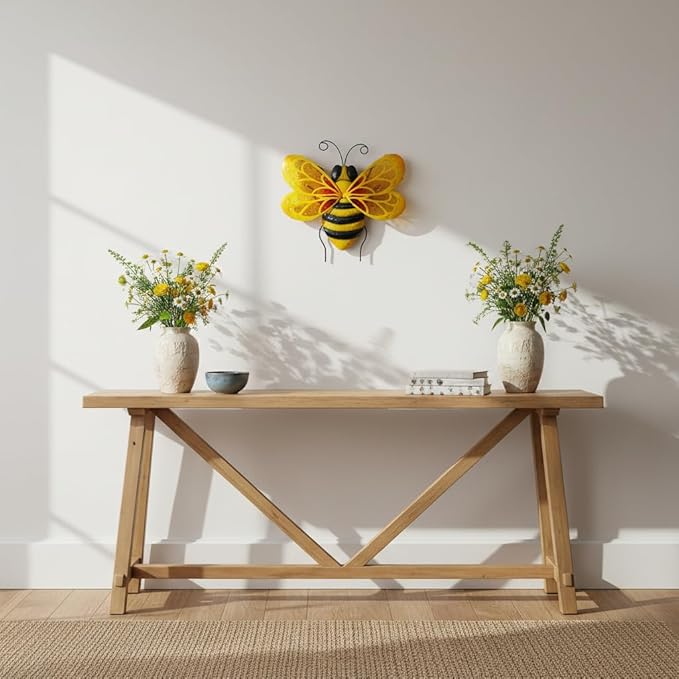 LIFFY Metal Bee Wall Decor,10" Hanging Glass Bumblebee Outdoor Decor,Decorative Garden Ornaments Outside for Home Patio Fence Yard