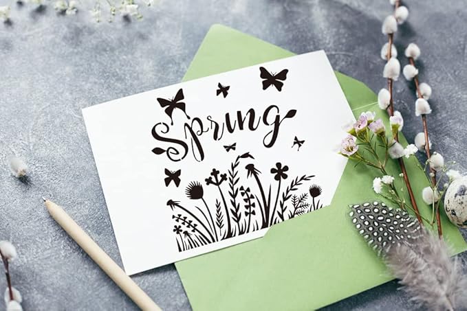 9PCS Large Spring Stencils for Painting on Wood, Wall, Fabric - Words, Flowers, Wreath, Birds, Gnomes Templates for DIY Home Decorations, Paint Wood Signs - Reusable Plastic