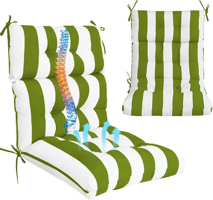 Outdoor High Back Chair Cushions 2-Pack, 44"x22"x 4" Fade-Resistant Waterproof Tufted Pads with Ties for Patio Rocking & Adirondack Chairs (Green White)