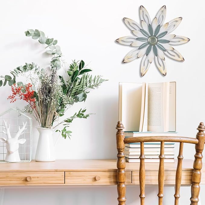 hogardeck Metal Flower Farmhouse Wall Decor, 16" Large Floral Metal Blue White Wall Art for Indoor Outdoor, Boho Wall Decor for Bathroom, Living Room, Kitchen, Bedroom, Porch, Garden, Yard