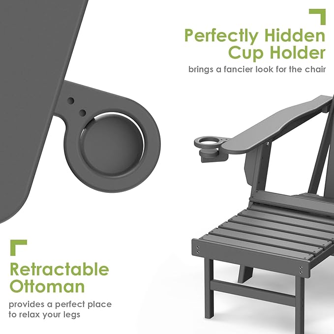 GREENVINES Adirondack-Chairs-with-Ottoman | Set of 6 | Folding | Retractable-Footrest | HDPE Plastic | All Weather Fire Pit Chair | Cup Holders | Grey | for Outdoor Poolside