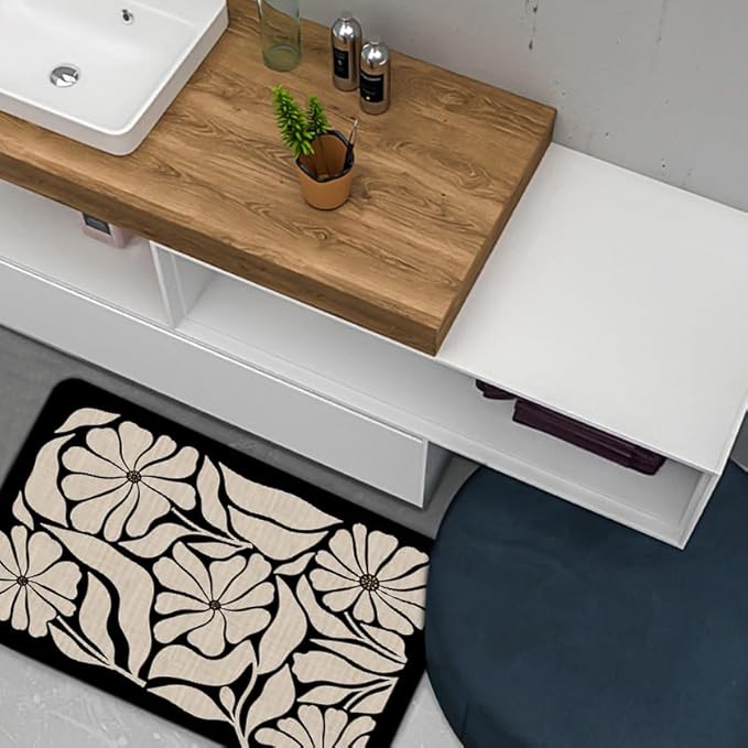 Boho Beige and Black Floral Door Mat - Bohemian Neutral Floral Front Door Welcome Mats Outdoor Entrance, 17x30 Rug