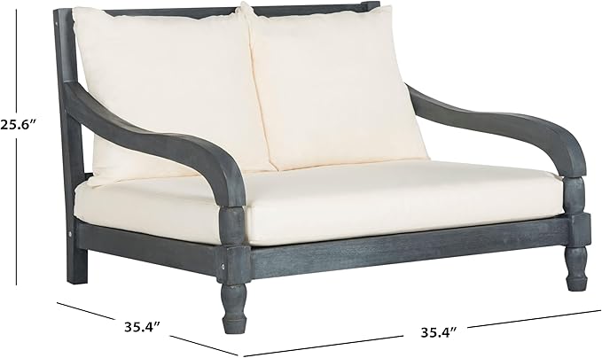 SAFAVIEH Outdoor Collection Pomona Ash Grey Solid Wood/Beige Lounger Bench Sofa Loveseat (PAT6740B)