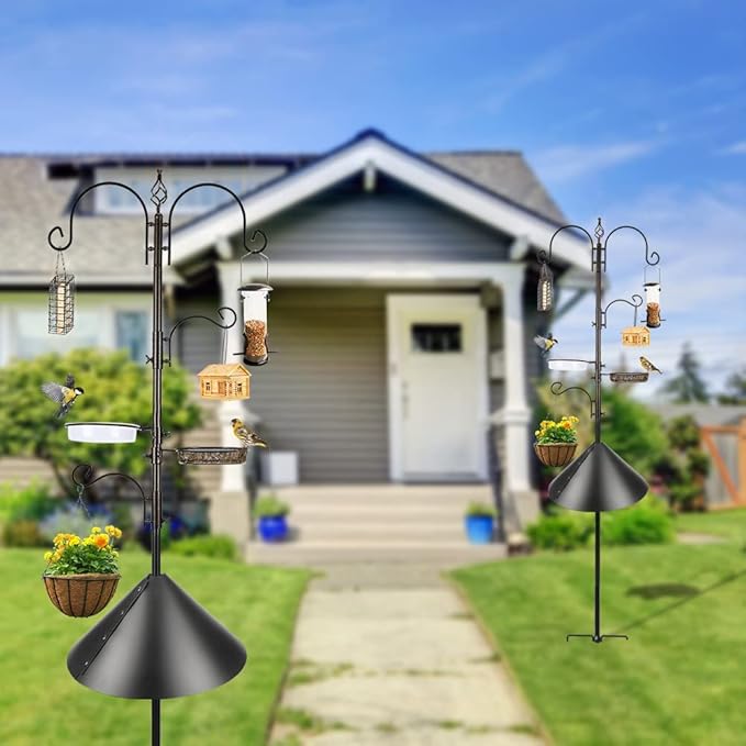 Bird Feeder Pole with Squirrel Baffle - Deluxe Feeder Station Kit Includes Suet Cage, Wild Bird Feeders & Planter Hanger for Garden, Yard
