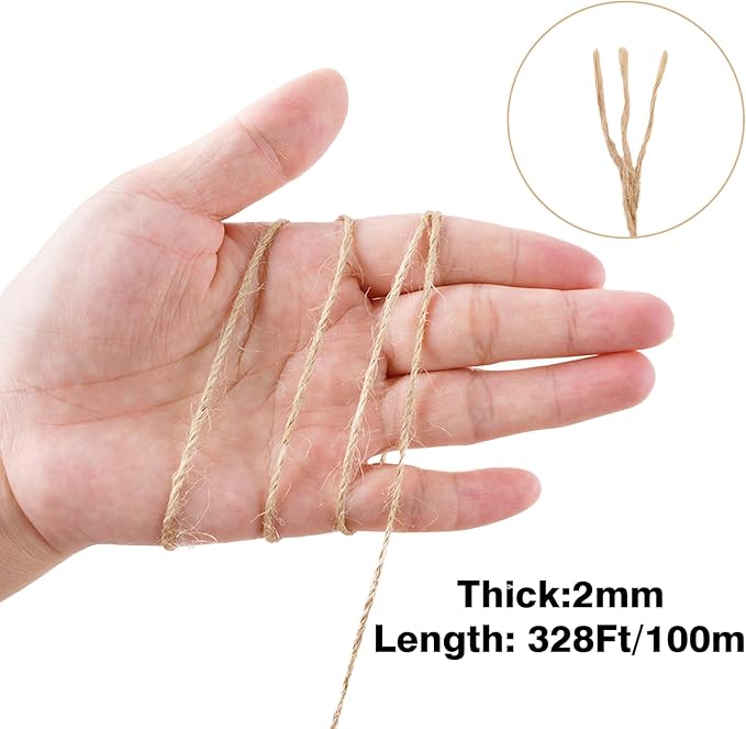 jijAcraft 2MM Jute Twine - 328Ft Natural Brown Jute String, 3-Ply Thin String for Gardening, Craft Twine for DIY Crafts, Gift Wrapping, Crochet Kitting, Macrame Decor