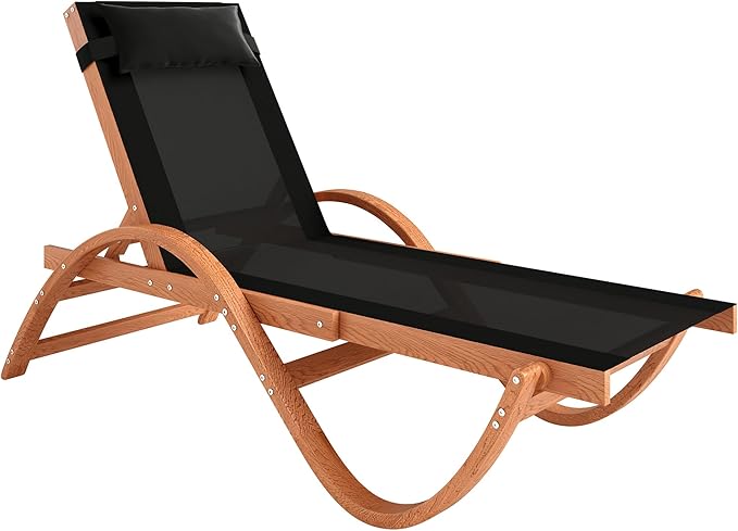 Outsunny Larch Wood Lounge Chair, 4-Level Adjustable Tanning Chair, Full Flat Patio Lounger with Mesh Seat, Outdoor Sun Chaise for Patio Beach, Black