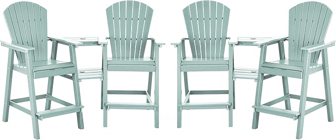 Tall Adirondack Chairs Set of 4, HDPE Balcony Chair with Double Connecting Tray, Weather Resistant Outdoor Adirondack Bar Stools for Patio, Deck, Patio, Backyard, Balcony. (Lake Blue)