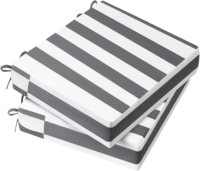 AAAAAcessories Outdoor Seat Cushions for Chairs, Waterproof, Fade-Resistant, 21" x 21" x 3", Patio Furniture Replacement Cushions, Set of 2, Gray Cabana Stripe