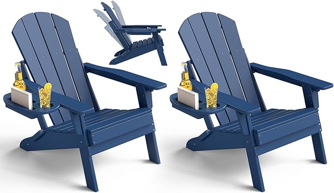 Adjustable Adirondack Chair Set of 2 with Cup Holder, All Weather HDPE Fire Pit Chairs for Deck, Backyard, Patio, Navy Blue