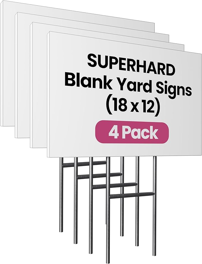 PartyPrints 4 Pack 18 x 12 White Blank Yard Signs with Metal Stakes, Waterproof Corrugated Plastic Signs for Rent, Sale, Party, Birthdays, DIY, Event, Advertising, Garden, Blank Lawn Signs for Outside