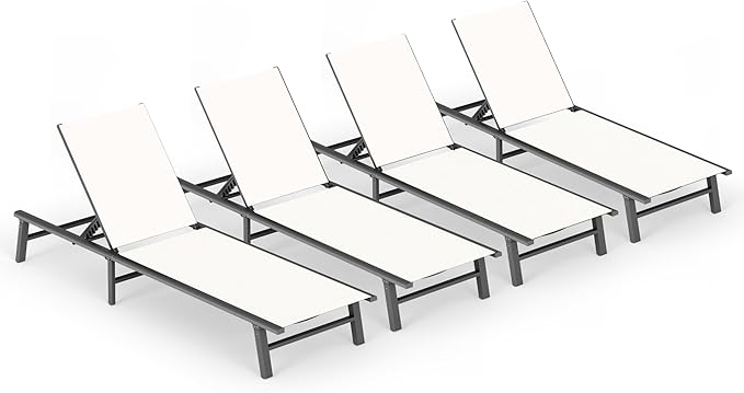 Ciokea Foldable Outdoor Lounge Chair Set of 4, No Assembly Aluminum Chaise Lounge Outdoor with 5-Positions, Aluminum Pool Lounge Chairs with Portable Design for Poolside, Beach, Deck, Patio, White