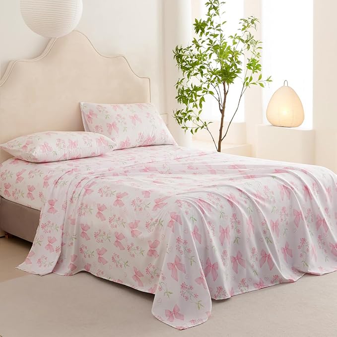 Pink Bow Sheet Set Twin Garden Floral Fitted Sheet Set for Girls Kids Soft Microfiber Fitted Flat Sheets & Pillowcases Cute Princess Style Bowknot Bedding Sets Toddlers 3 Pieces