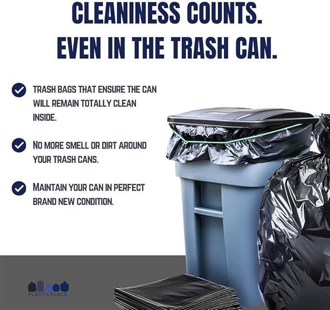 Plasticplace 64-65 Gallon Black Trash Bags,Heavy Duty Toter Can Liners,Tear & Leak-Proof,Industrial Strength,Large Garbage Bags for Kitchen & Commercial Use 1.2 Mil,50" x 60",(Pack of 50)